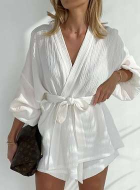 2024纱衬衫套装秋季新款宽松白色通勤短裤两件套女women clothes