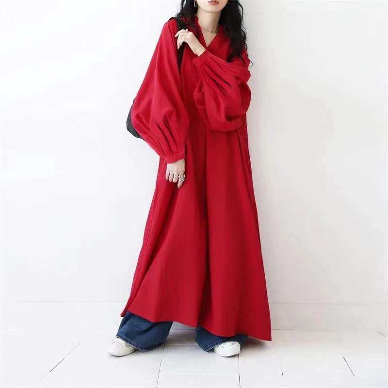 2024棉麻长袖连衣裙纯色V领宽松显瘦灯笼袖衬衫长裙women clothes