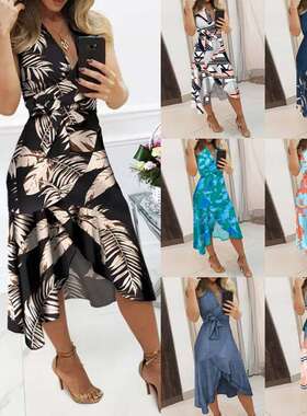 2024eBay热卖欧美无袖印花不规则收腰连衣裙women clothes