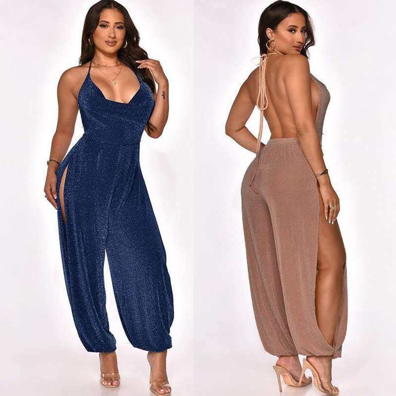 2024装春季露背绑带挂脖吊带连体衣高腰开叉阔腿裤women clothes