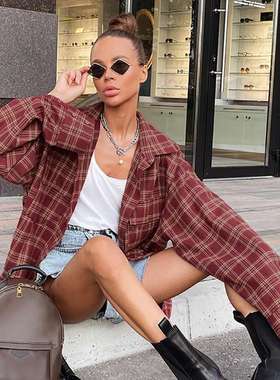 2024式红色格纹古着衬衫女休闲设计感宽松长袖衬衣women clothes