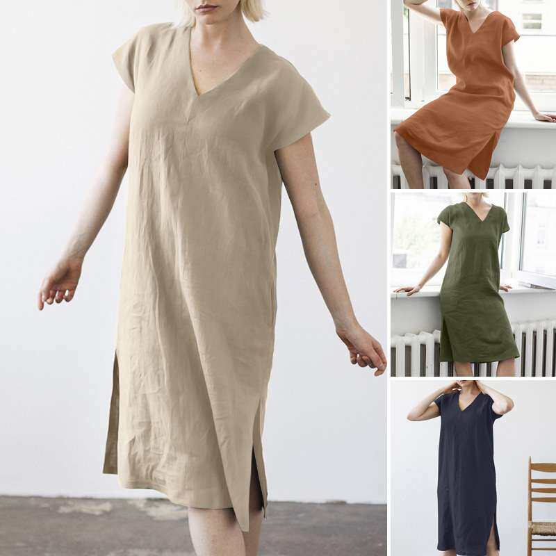 2024女装休闲纯色圆领短袖开叉棉麻长款连衣裙女women clothes
