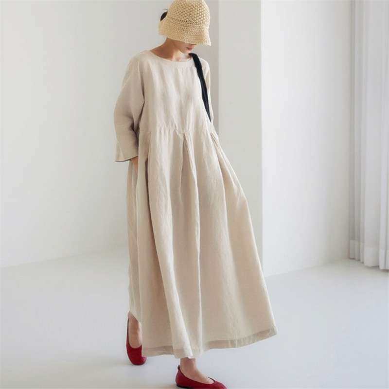 2024连衣裙胖日系韩版棉麻圆领套头纯色长裙大摆裙women clothes