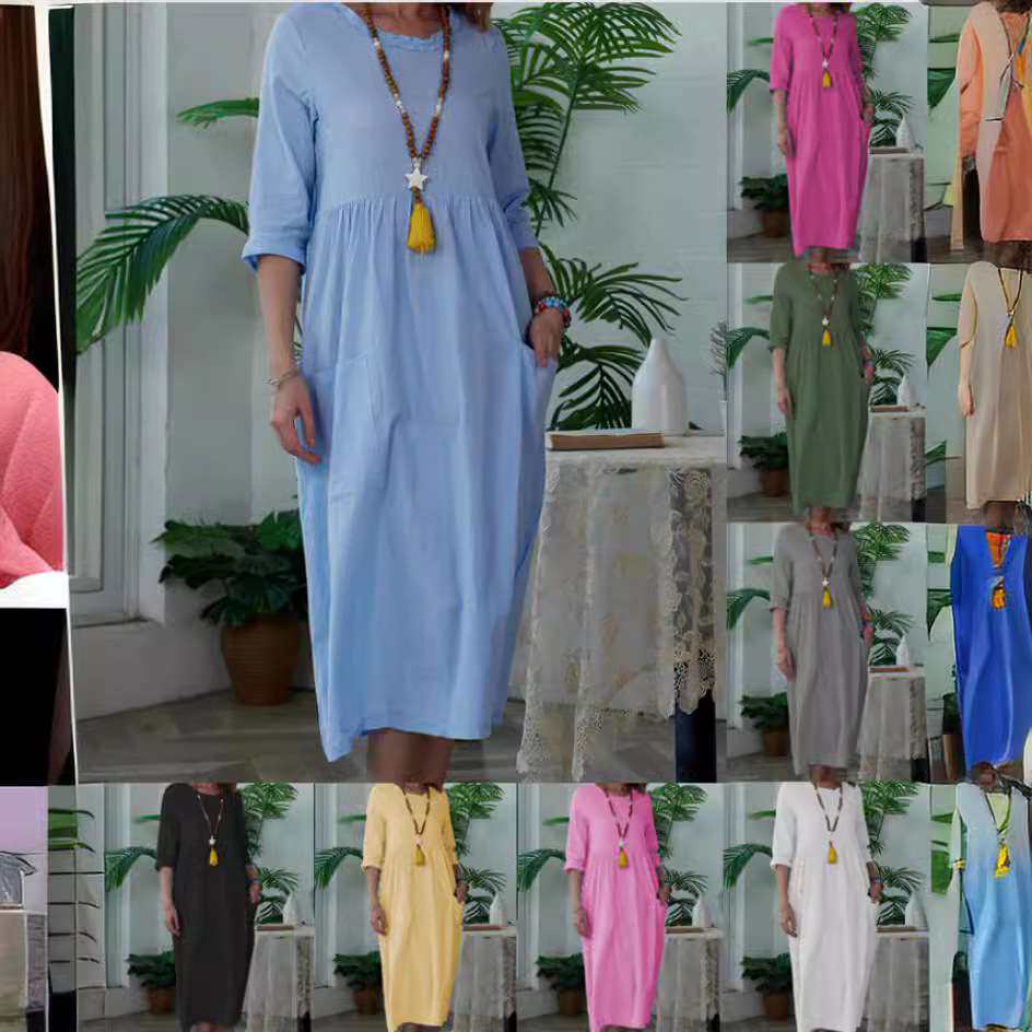 2024款女装wish中长连衣裙女式纯色中袖圆领连衣裙women clothes