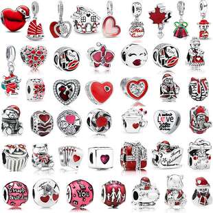 潘多啦新款镂空爱心滴油手链大孔珠红色粉色画油爱心镂空手链串饰