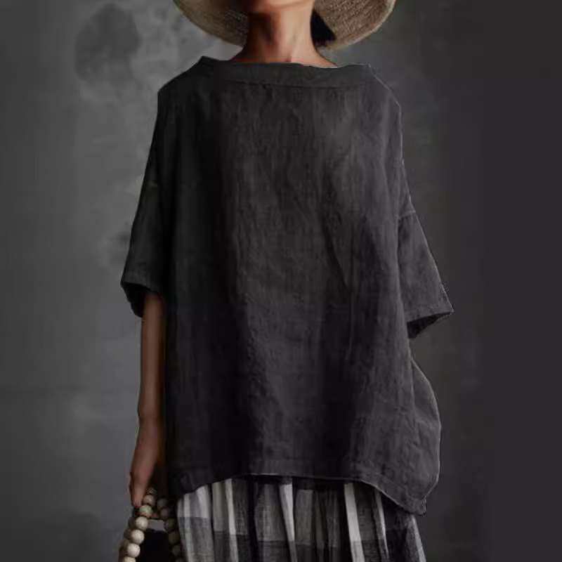 2024季新款上衣梭织圆领欧美棉麻风纯色宽松女装T恤women clothes