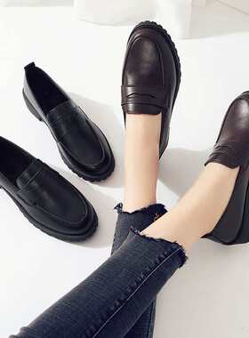 women shoes女春款韩版粗跟休闲鞋学院风小皮鞋圆头一脚蹬潮2024
