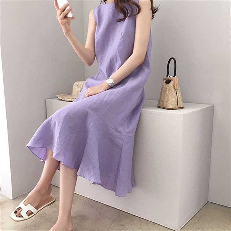 2024香芋紫亚麻连衣裙休闲无袖宽松显瘦鱼尾棉麻裙women clothes