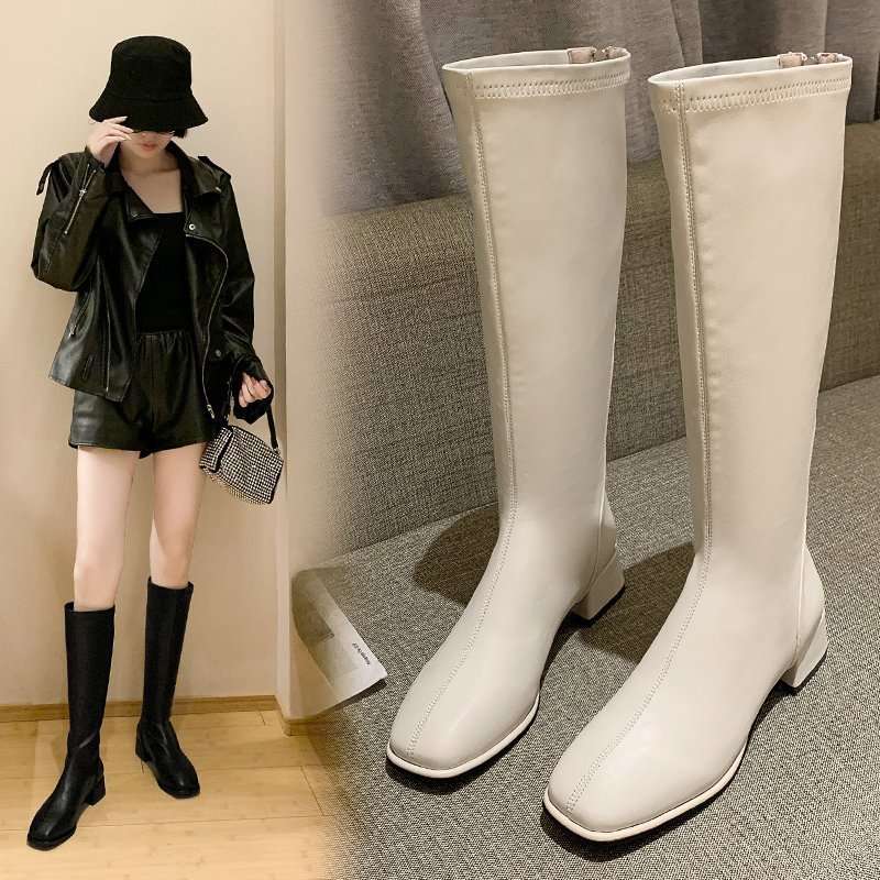 women shoes-43码皮面长筒靴子后拉链高筒靴粗跟中跟时装靴女2024