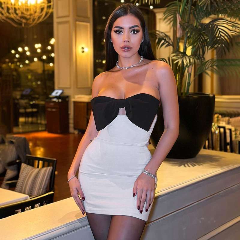 2024美风新款大蝴蝶结撞色拼接镂空抹胸紧身连衣裙women clothes