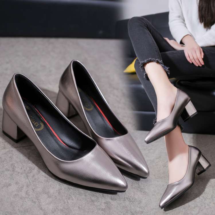 women shoes新款韩版尖头浅口女鞋子女士高跟鞋中跟粗跟单鞋2024