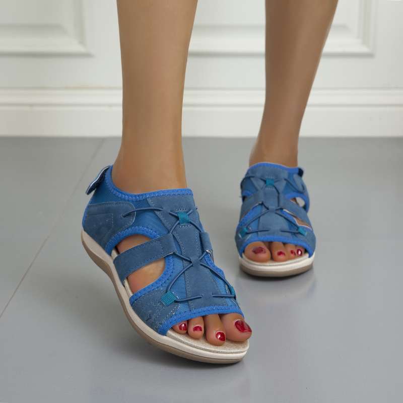 women shoes欧美凉鞋圆头魔术贴复古一字大码沙滩纯色凉鞋女2024
