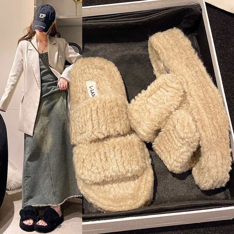 women shoes季毛毛拖35-42外鞋厚底一字室外棉拖居家地板毛拖2024