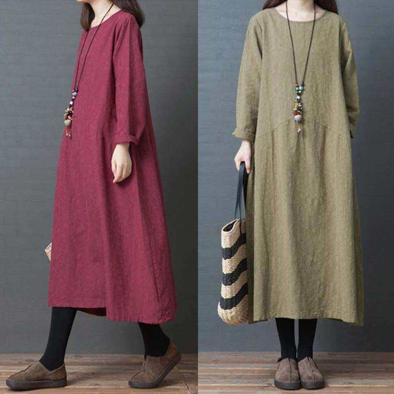 2024文艺宽松拼接纯色棉麻圆领长袖连衣裙女中长款women clothes