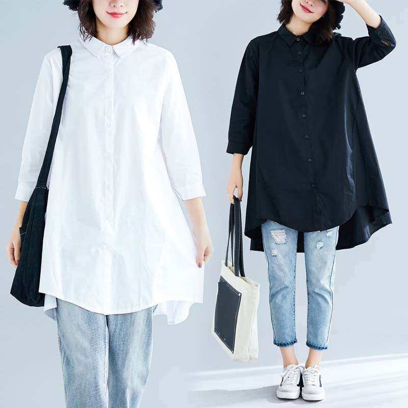 2024艺大码宽松纯色棉麻翻领七分袖衬衫女装中长款women clothes