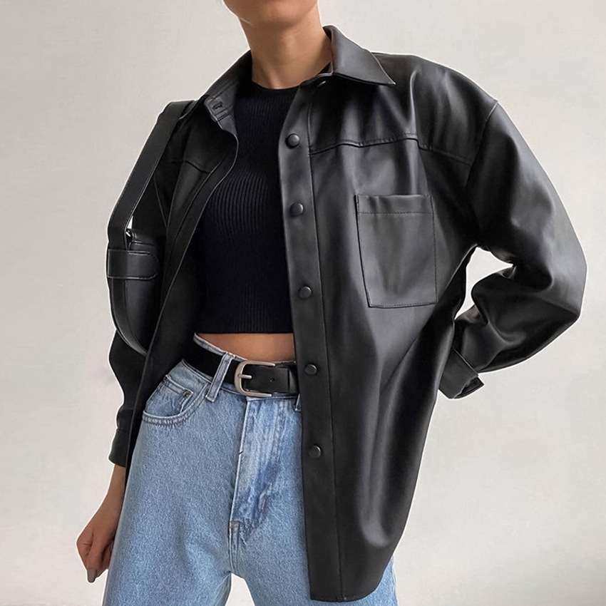 2024闲女士黑色皮衣新款哑光PU皮革衬衫街头时尚女women clothes