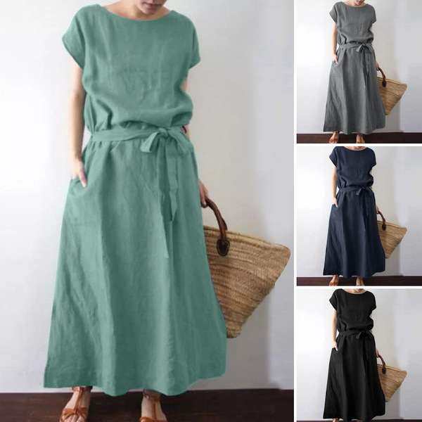 2024时尚宽松短袖圆领开叉纯色口袋棉麻腰带连衣裙women clothes