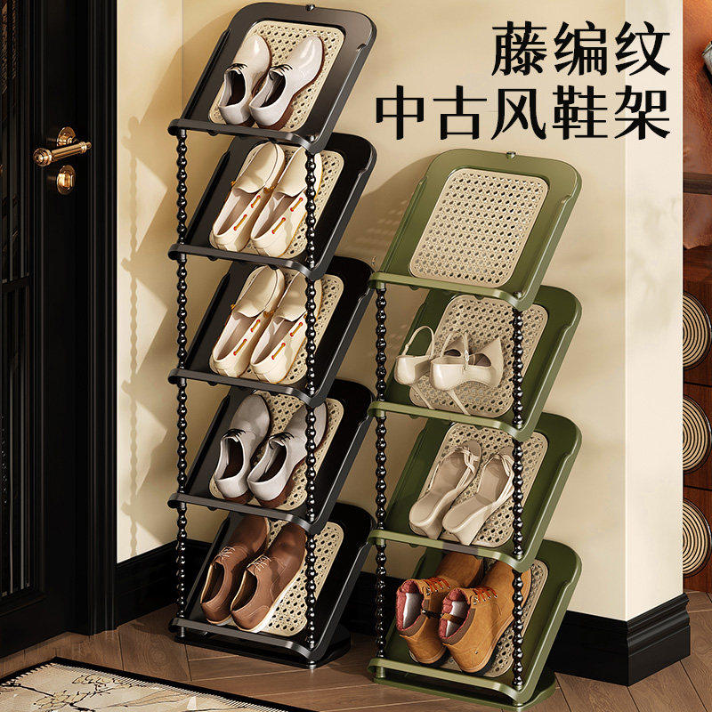 中古风鞋架藤编纹理多层家用门口入户小窄简易客厅鞋柜鞋子收纳架