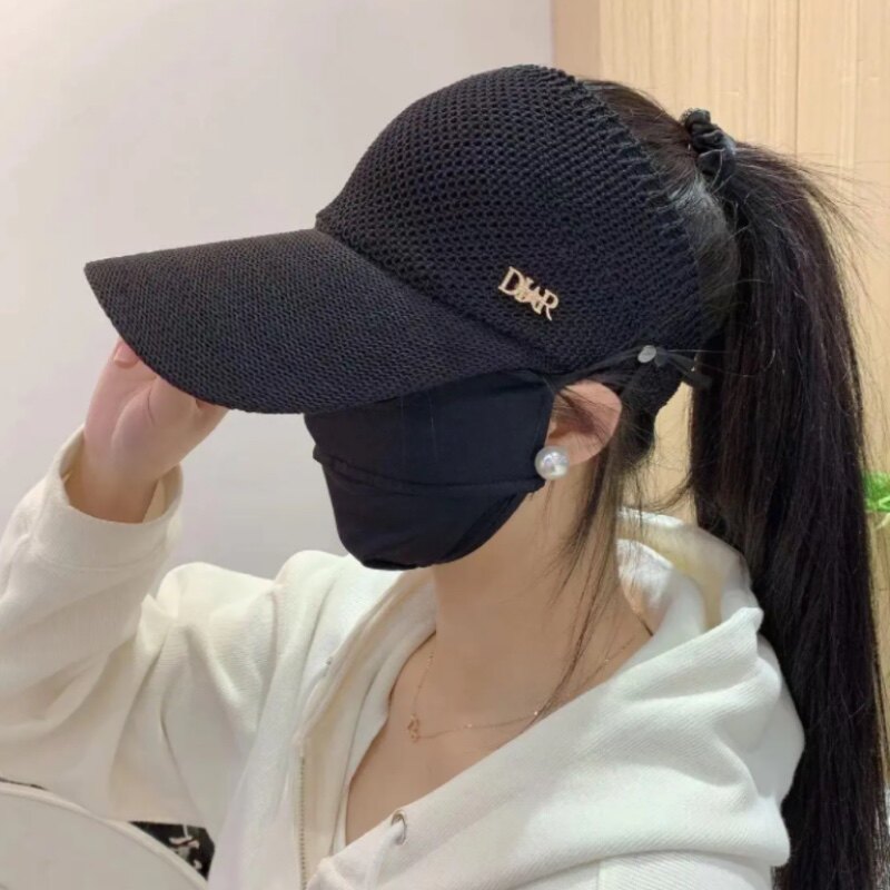 可扎马尾挂口罩棒球帽子女夏季透气空顶鸭舌帽加长帽檐防晒遮阳帽