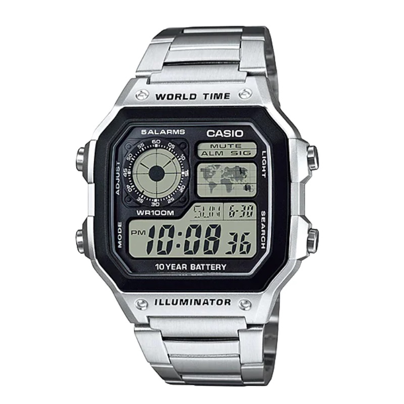 カシオCasioの小さな四角い銀の塊AE-1200 WHD-1 AVDF男女電子時計