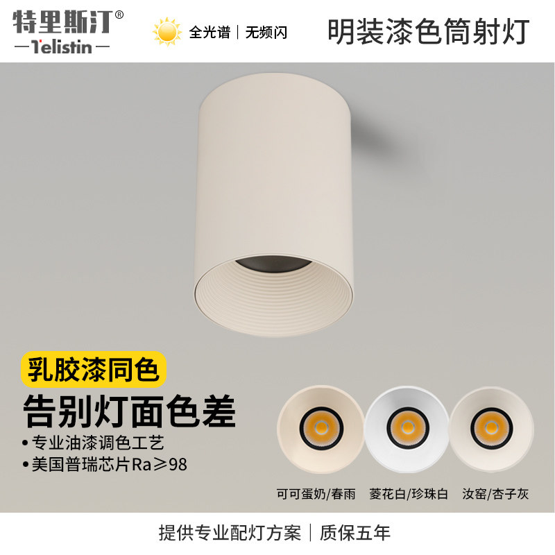 可可蛋奶明装射灯免开孔奶油中古风客厅无主灯乳胶漆同色筒灯T23