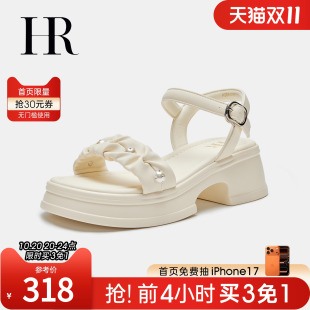 子2025年夏季 珍珠舒适沙滩鞋 新款 厚底法式 一字带凉鞋 HR赫莲娜女鞋