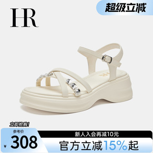 厚底时尚 HR赫莲娜女鞋 一字带凉鞋 子2025年夏季 水钻百搭配裙子 新款