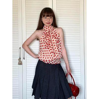 红色波点无袖背心女夏季木耳边拼接外穿挂颈吊带设计感辣妹上衣潮