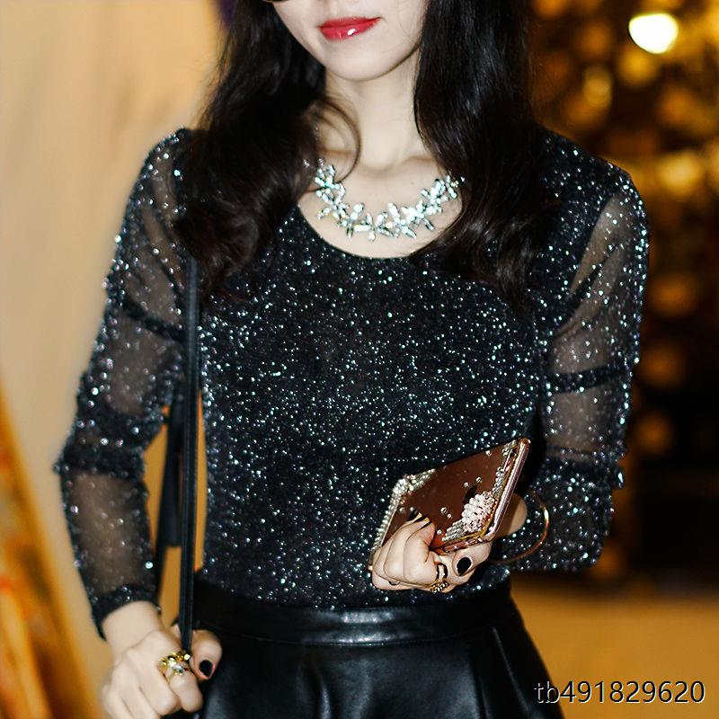 2025春秋圆领韩版蕾丝打底衫女T恤长袖百搭修身显瘦网纱上衣小衫