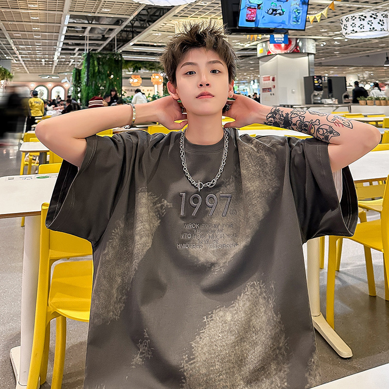 设计感欧美潮牌t恤男夏季oversize美式高街短袖hiphop街舞五分袖