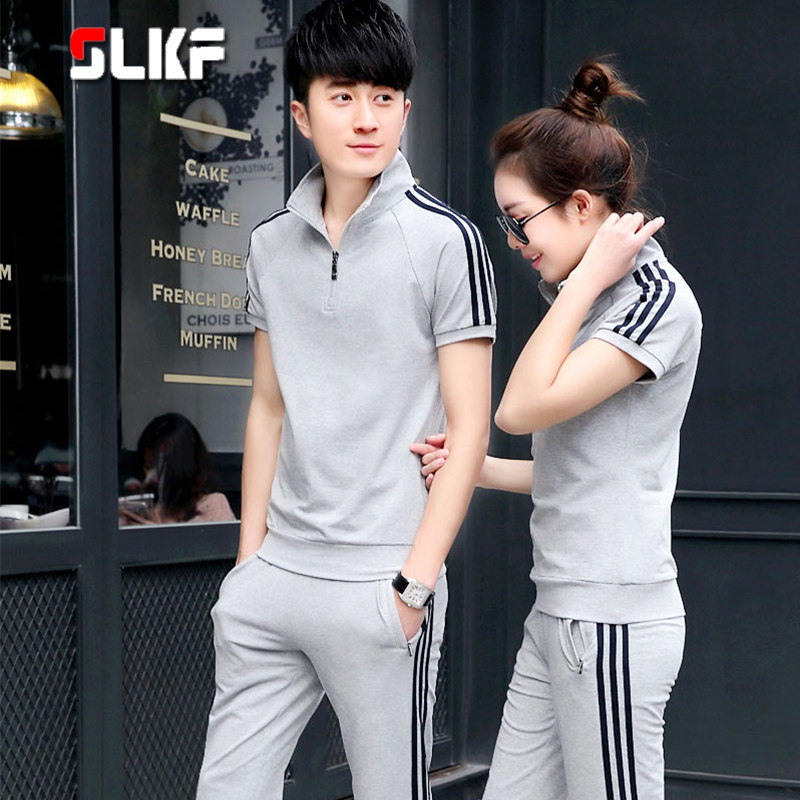 品牌团购夏季薄款情侣纯棉运动短袖休闲套装男女修身T恤跑步长裤