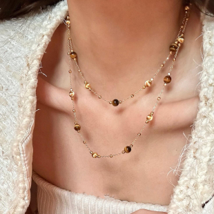 琥珀流光！双层叠戴虎眼石项链女2025新款轻奢小众秋冬长款毛衣链