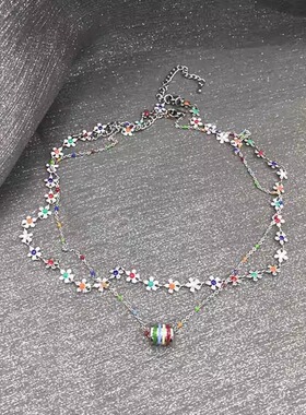 多巴胺彩色花朵项链女叠戴锁骨链