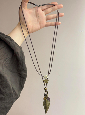 做旧绿色星星树叶流苏项链女款