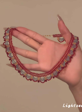 复古红蓝色米珠串珠项链新中式重工蕾丝编织choker锁骨链