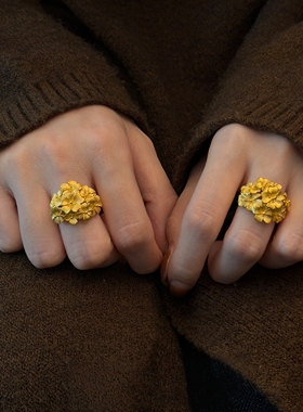 黄色绣球花复古戒指中式繁花指环