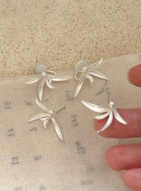 银色细叶兰花耳夹女中式独特耳环