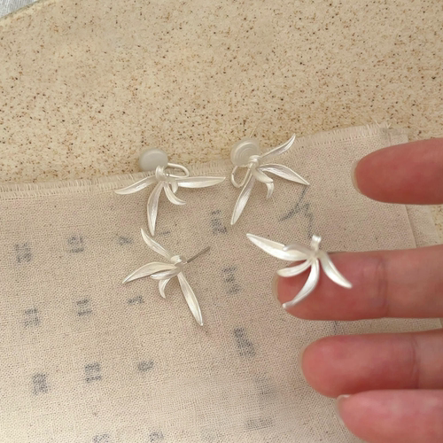 银色细叶兰花耳夹女中式独特耳环