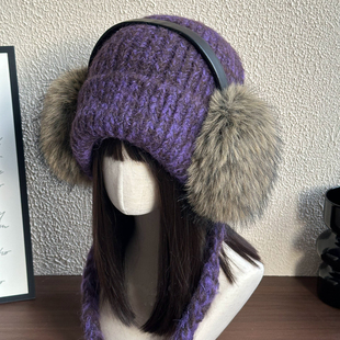 超出片！亚比风紫针织雷锋帽子女款2025新款冬时尚洋气搭配耳罩女