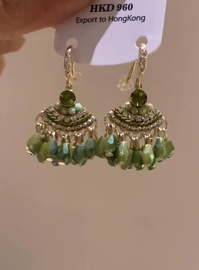 新中式森系绿色水滴流苏耳环2025新款爆款高级感民族风小众耳饰女