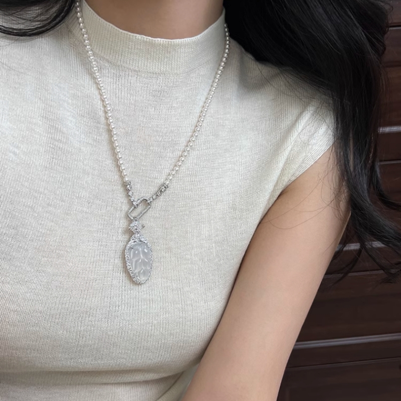 小米珠仿大叶玉髓珍珠项链女新款