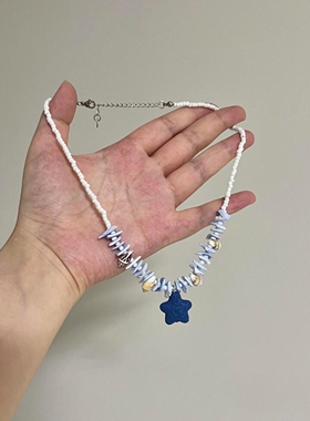 蓝色串珠星星吊坠项链女小众清新