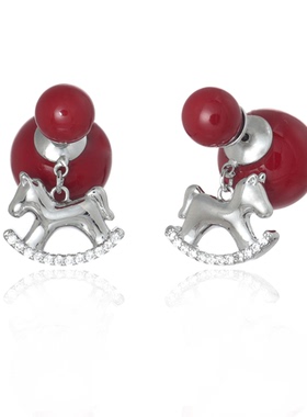 前后戴红珠生肖马耳环2026过新年本命年耳钉高级感喜庆红色耳饰女