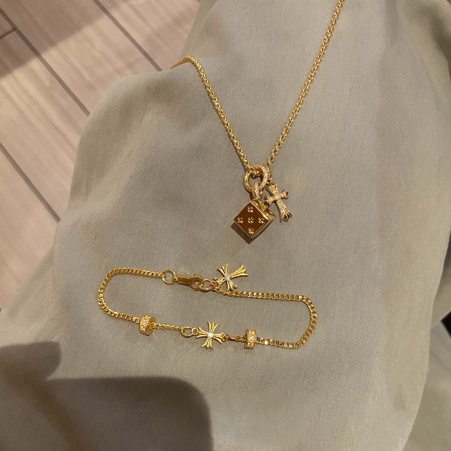 两件套~金色方块骰子项链女手链图片