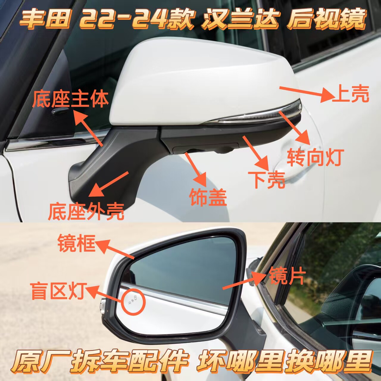 适用丰田22-24款4代汉兰达后视镜框反光镜片倒车镜总成底座盖外壳