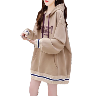欧货加绒加厚连帽刺绣卫衣女秋冬胖mm大码遮肚显瘦中长款保暖外套