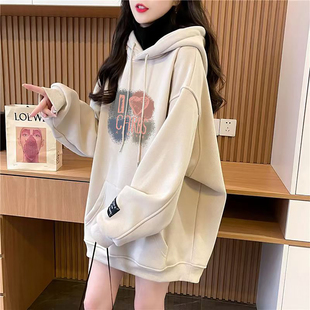 欧洲站爆款超好看连帽卫衣女加绒加厚大码洋气减龄遮肚子高领上衣
