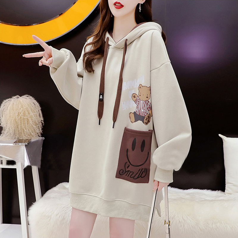 慵懒风加绒加厚小熊连帽卫衣女中长款胖mm大码200斤保暖爆款外套