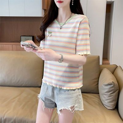 夏季小个子短款撞色条纹t恤女ins