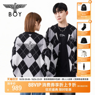 BOYLONDON2025年秋新款 外套N64010 情侣毛衣菱格撞色绣花针织开衫
